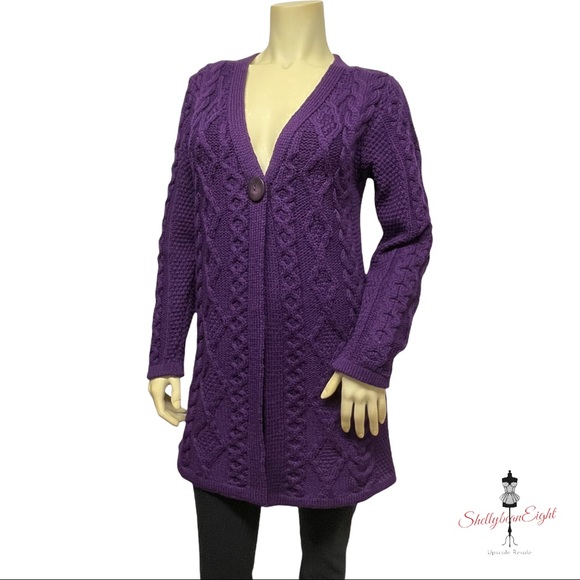 ARAN CRAFTS Merino Wool Chunky Knit Single Button Cardigan Sweater Purple XS S - Picture 2 of 13